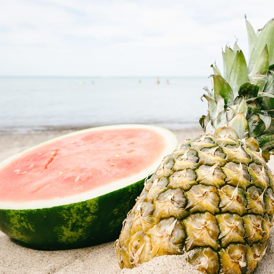 Sliced Watermelon and Pineapple Near Seashore, beach, beachlife HD wallpaper