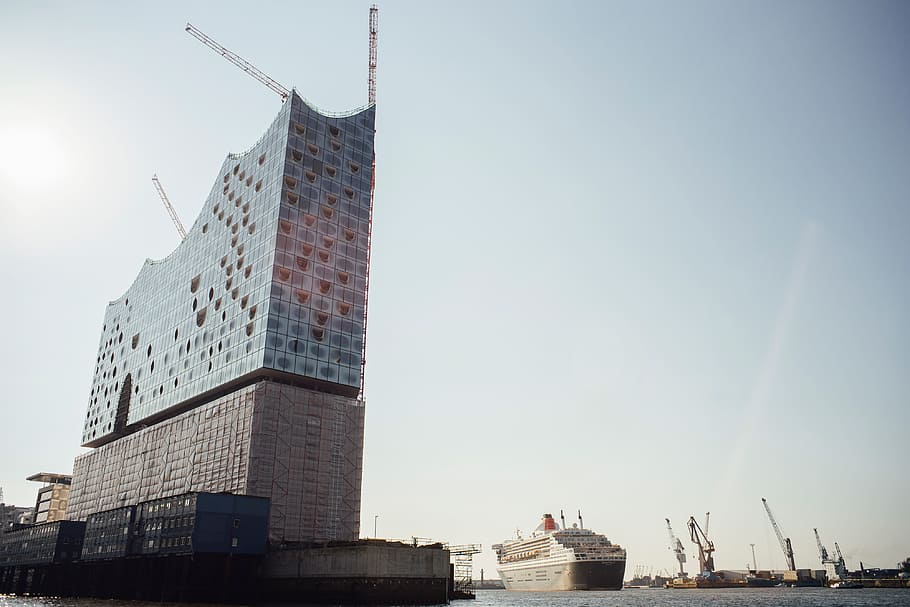 Elbphilharmonie in Hamburg, blue, cranes, cruise, elbe, germany HD wallpaper