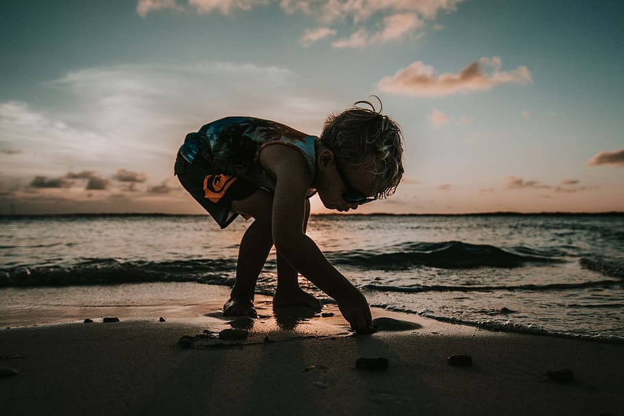 boy picking up sand, human, person, nature, ocean, outdoors, water HD wallpaper