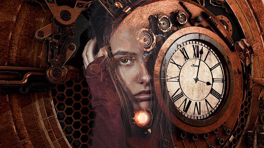 steampunk, girl, woman, sad, time, clock, red, brown, gold