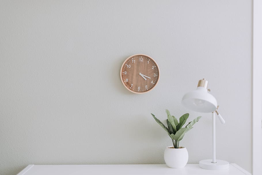 white desk lamp beside green plant, clock, wall, potted plant