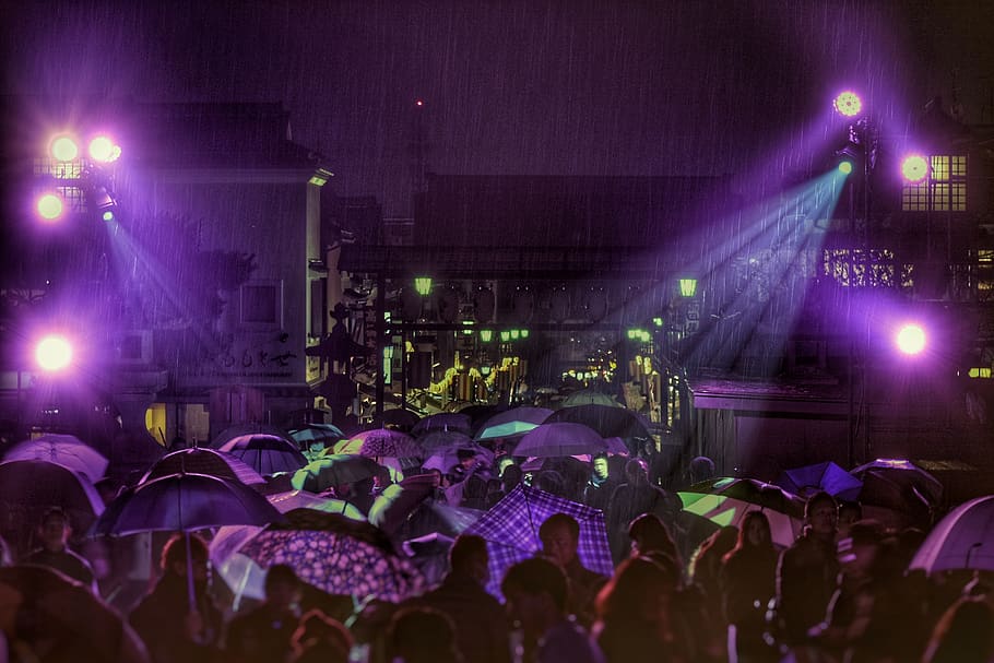 people, rain, umbrella, lighting, travel, attractions, japan HD wallpaper