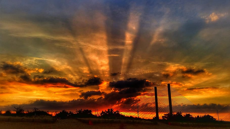 sunset, beach, sun ray, cloudscape, sky, cloud - sky, technology HD wallpaper