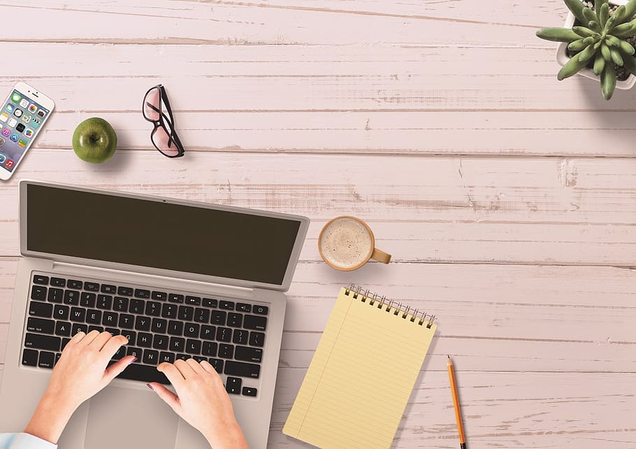 notebook, mobile phone, notepad, coffee, pen, plant, glasses HD wallpaper