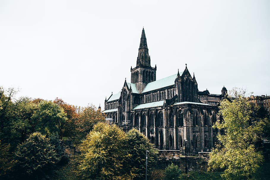 Glasgow cathedral surrounded by trees, architecture, blue, church, HD wallpaper