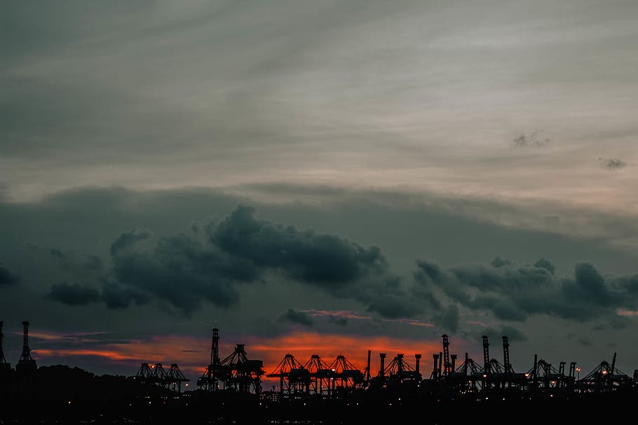silhouette trees and sky, building, factory, singapore, outdoors HD wallpaper