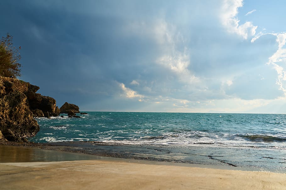 rocks, landscape, clouds, marine, background, nature, blue HD wallpaper