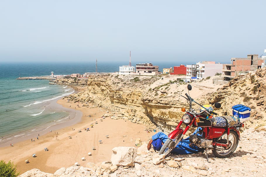 motorcycle on seashore, vehicle, transportation, wagon, beach wagon HD wallpaper