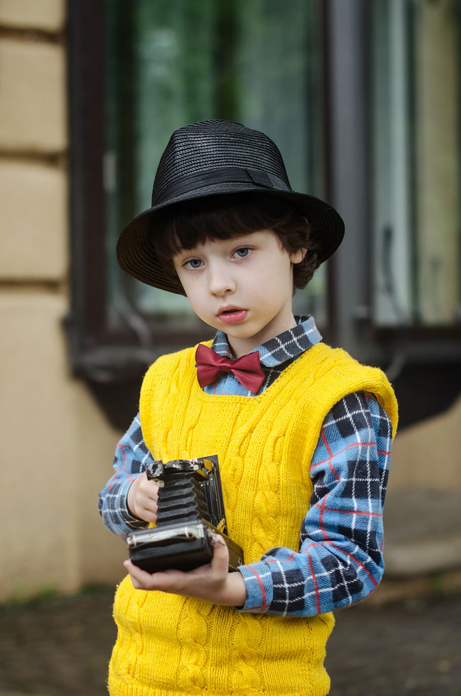 Boy Holding Camera, analog camera, bow tie, child, cute, daylight HD wallpaper