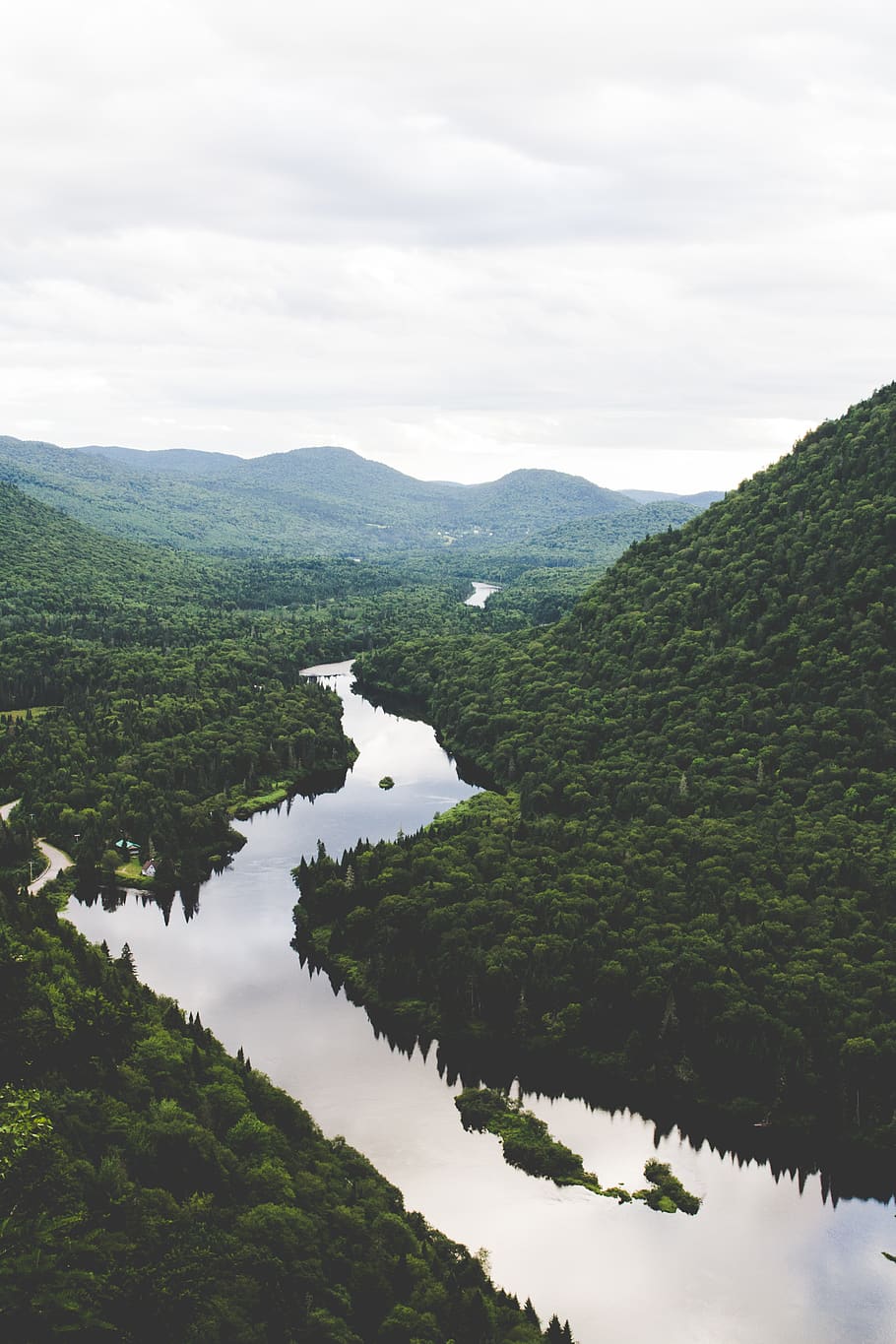canada, québec, forest, water, river, mountain range, mountains HD wallpaper
