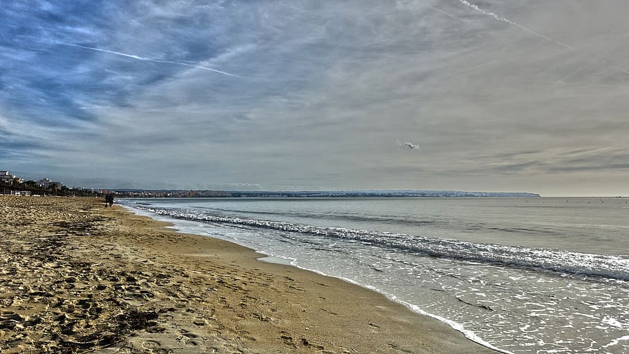 sea, hdr, sunset, beach, sky, water, vacations, clouds, landscape HD wallpaper