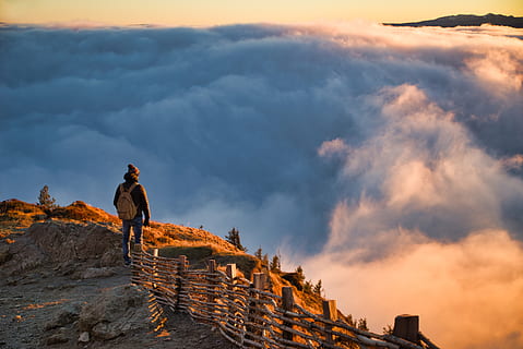 landscape, mountain, summit, clouds, sunset, man, silhouette HD wallpaper