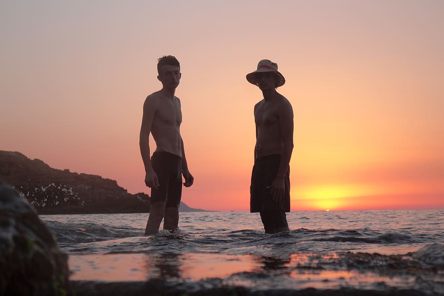 algeria, tipasa, sunset, sky, water, sea, two people, men, beauty in nature HD wallpaper