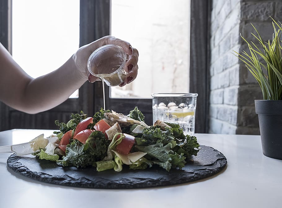 Person Pouring Dip on Vegetable Salad, appetizer, cuisine, delicious HD wallpaper