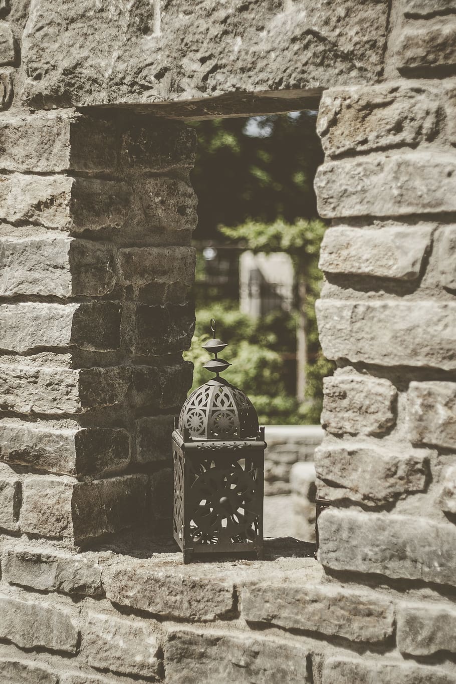 lantern candle holder placed inside brick wall hole, path, walkway HD wallpaper