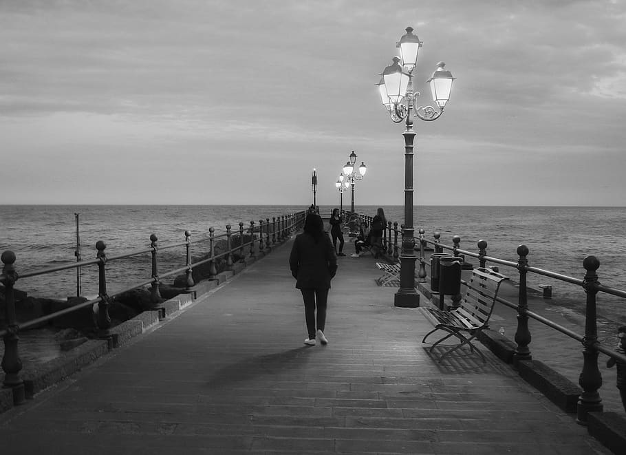 people at dock with lights, water, human, person, waterfront HD wallpaper