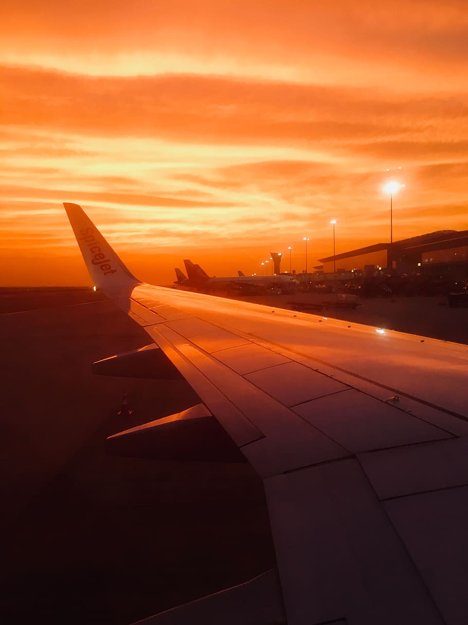 surreal, sunset, dusk, color, warm, evening, plane, airplane