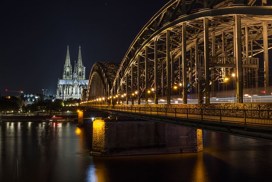 germany, cologne, architecture, night, bridge, water, river HD wallpaper