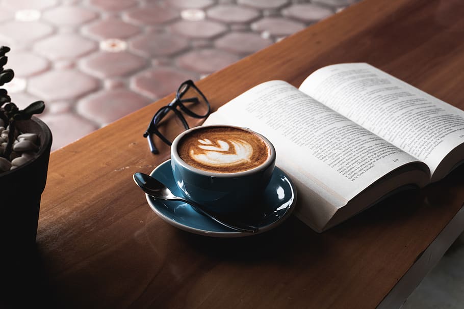 book, cup, latte, coffee cup, drink, beverage, pottery, saucer HD wallpaper