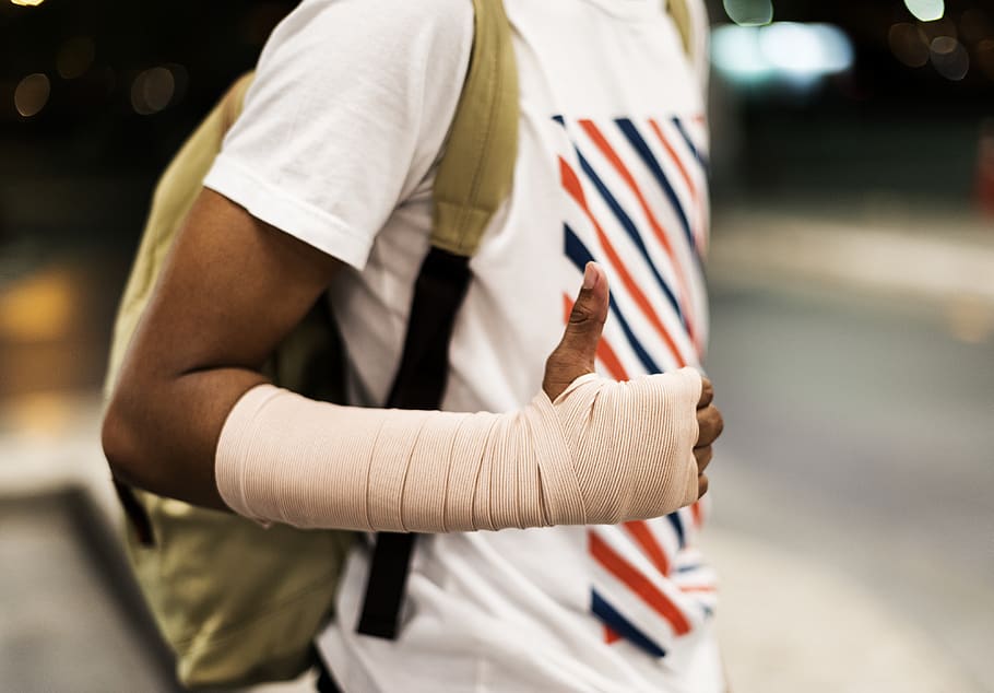 Man Carrying Backpack, accident, action, adult, arm, bandage