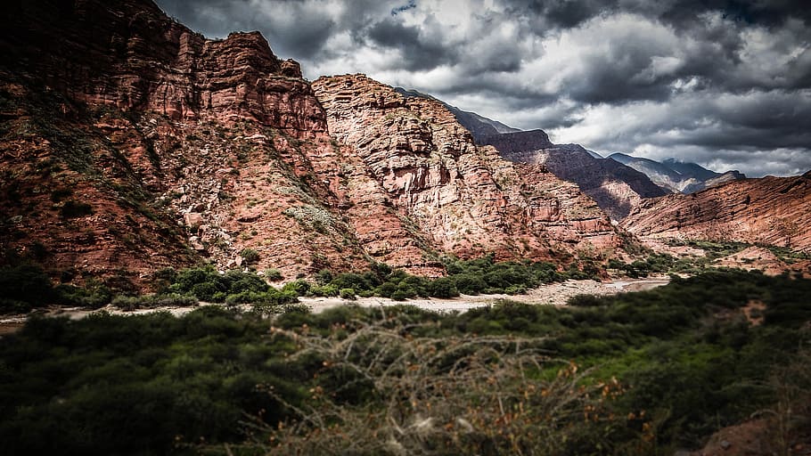 mountain ranges and river with grass, cloud, rock, cloudy, slope HD wallpaper