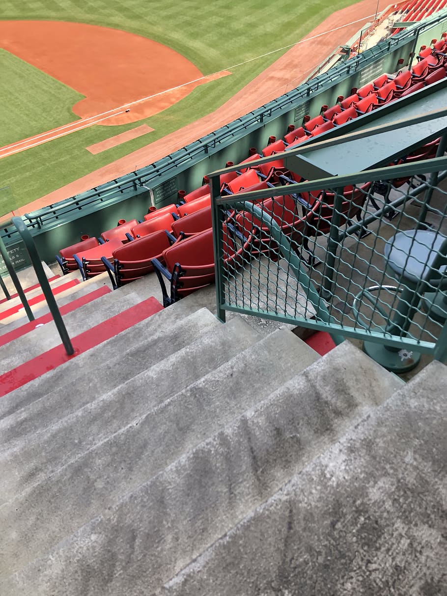 green and red stadium, seat, step, outdoors, pitch, ball park HD wallpaper