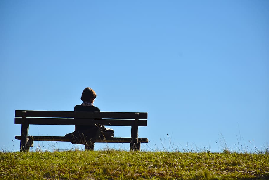 people, blue, tranquility, peace, one person, sitting, bench HD wallpaper