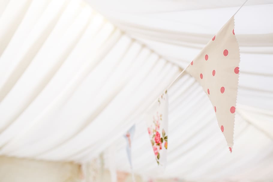 pink and white flaglets, no people, white color, indoors, hanging HD wallpaper