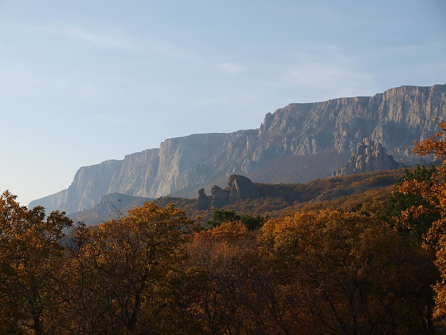 mountains, hill, rock, stone, forest, autumn, view, горы, HD wallpaper