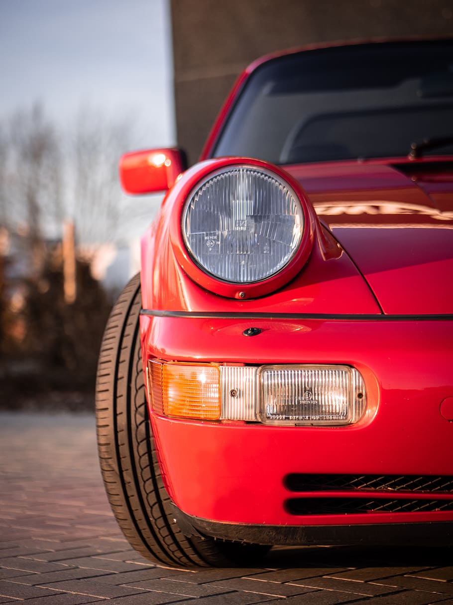 parked red car, automobile, vehicle, transportation, tire, machine HD wallpaper