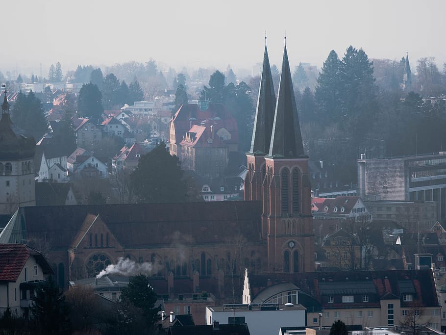 austria, bregenz, pfänder, house, tree, chimnes, towers, church HD wallpaper