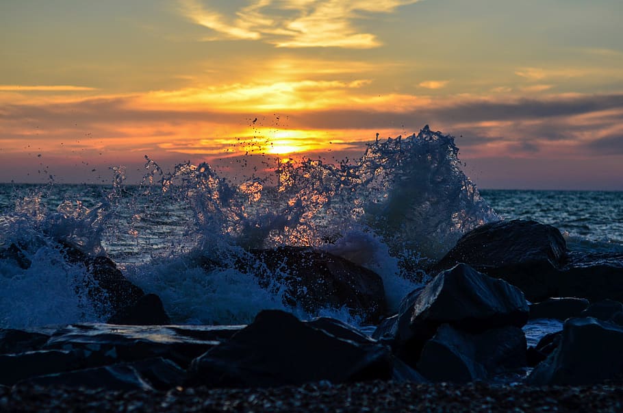 sunset, wave, spray, sea, ocean, water, beach, sky, nature HD wallpaper