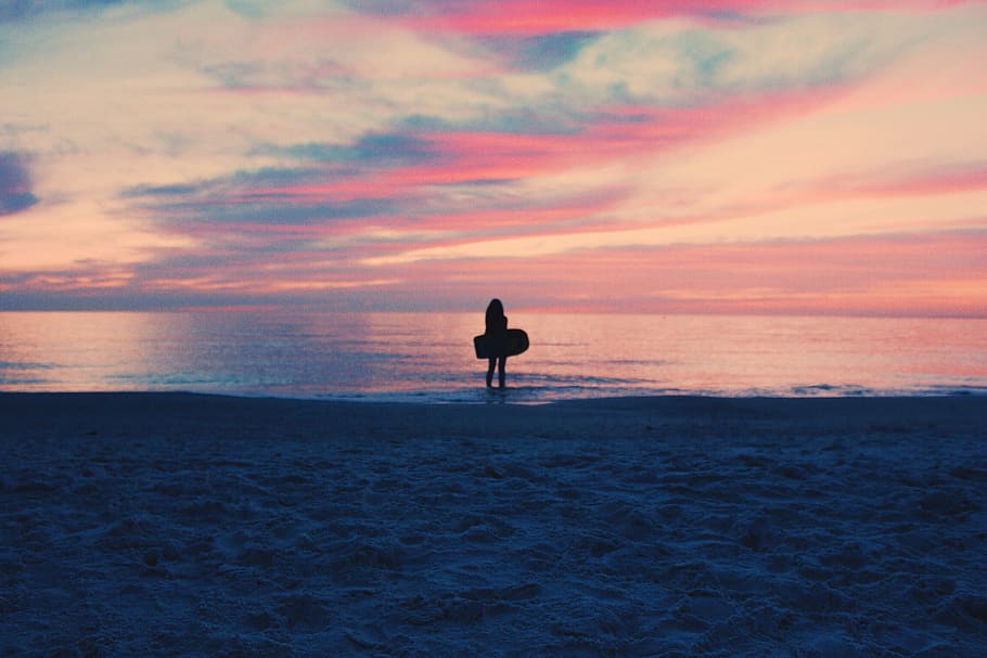 sunset, beach, people, surf, coast, water, ocean, sky, clouds HD wallpaper
