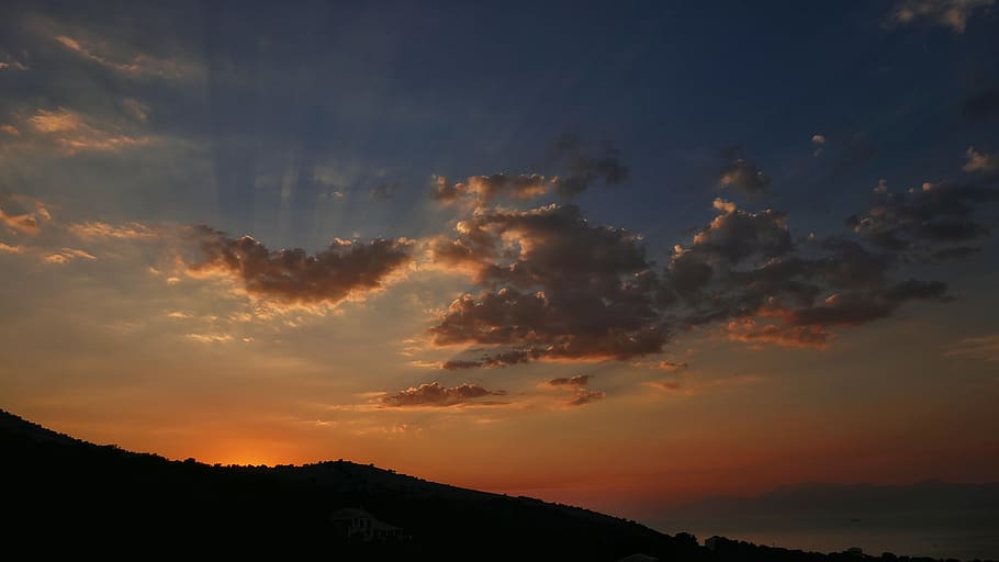 greece, corfu, sundown, clouds, lighting, hill, stunnning, sunset HD wallpaper