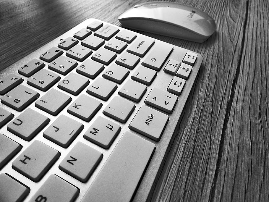 Gray Keyboard and Mouse, black-and-white, computer keyboard, desk HD wallpaper