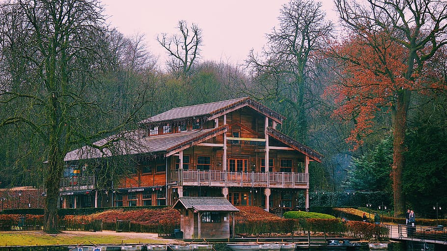 HD wallpaper: Brown Wooden Multi-story House Surrounded by Trees