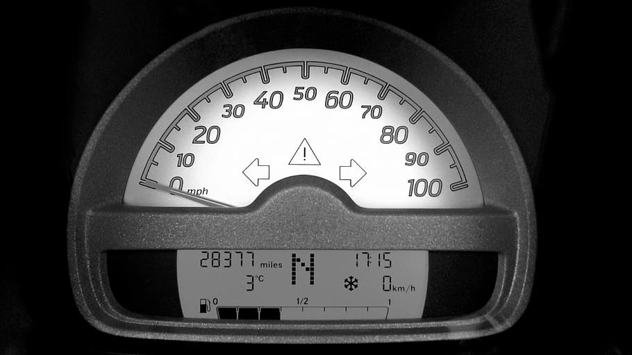 Motorcycle Speedometer at 0, auto, automobile, automotive, black-and-white