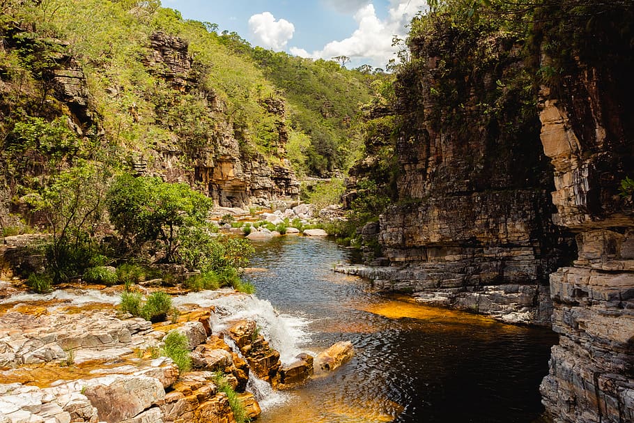 River Surrounded by Rocks, calm waters, daylight, daytime, environment HD wallpaper