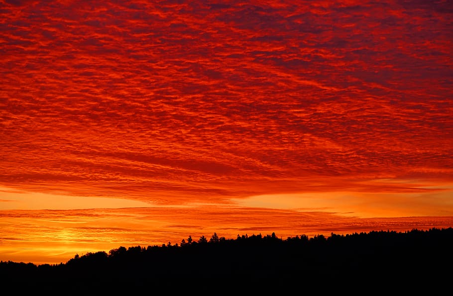 sunset, sunrise, sky, bright red, burning sky, clouds, afterglow HD wallpaper