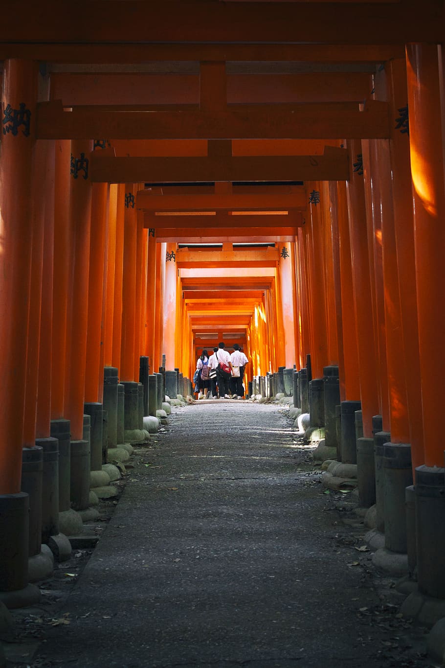 people walking on pathway, torii, gate, shrine, temple, building