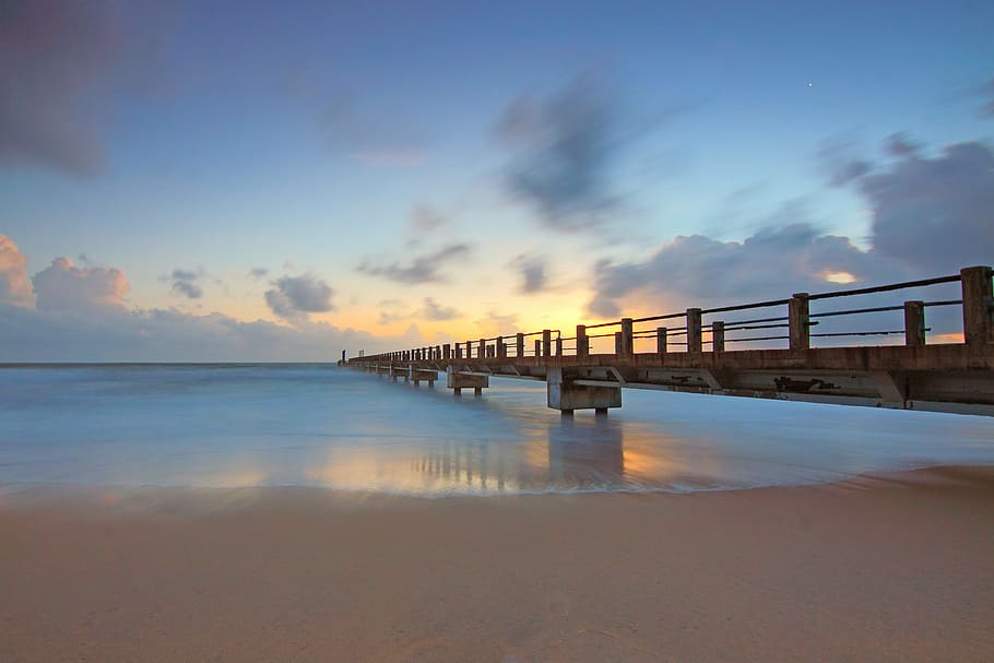 Brown Wooden Walk Board, beach, bridge, clouds, dawn, daylight HD wallpaper