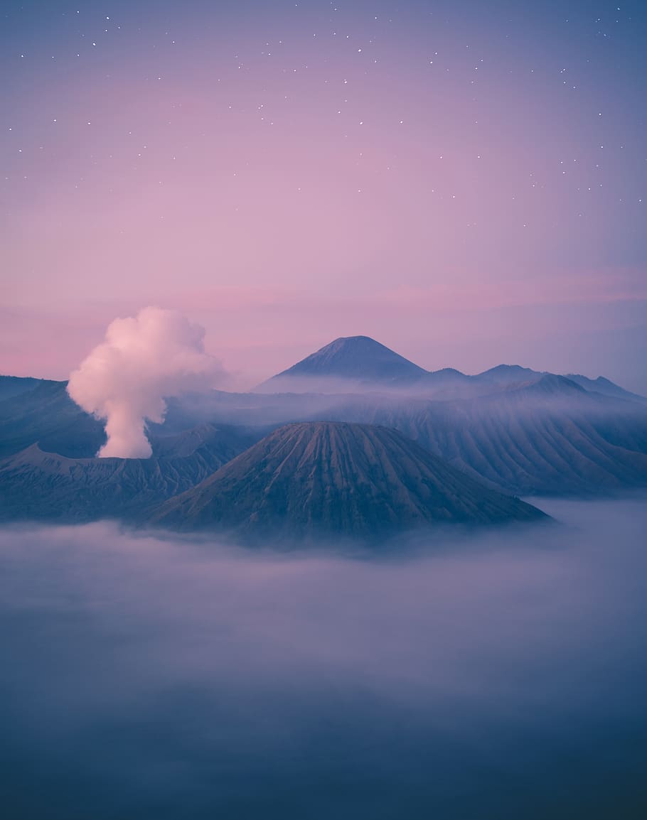 Brown Mountains, adventure, clouds, crater, dawn, evening, fog HD wallpaper
