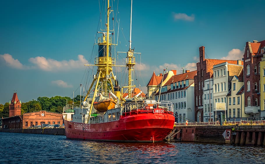 ship, shipping, beacon ship, pier, anchorage, water, lübeck HD wallpaper