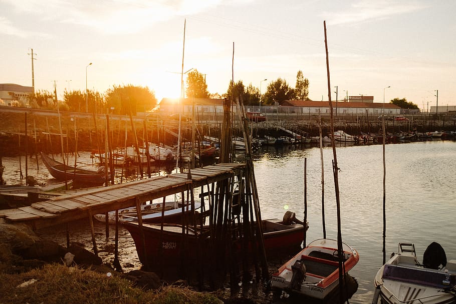 portugal, aveiro, wood, sunset, dock, texture, boats, water, HD wallpaper