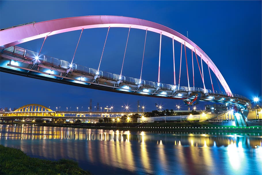 bridge, architecture, night, evening, dark, lights, water, built structure HD wallpaper