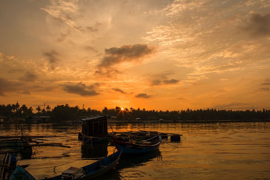 scene, wave, dawn, phu yen, nautical vessel, water, sunset HD wallpaper
