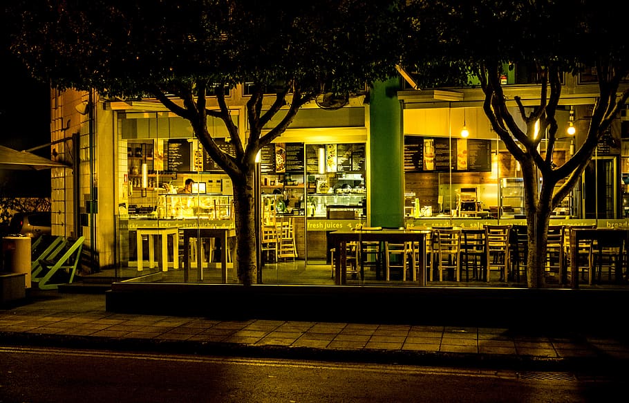 Store Front at Nighttime, architecture, building, chairs, cyprus HD wallpaper