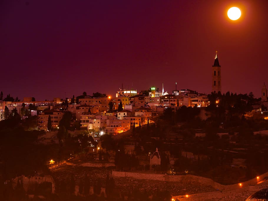 moon, sunset, skyline, night, building exterior, architecture HD wallpaper