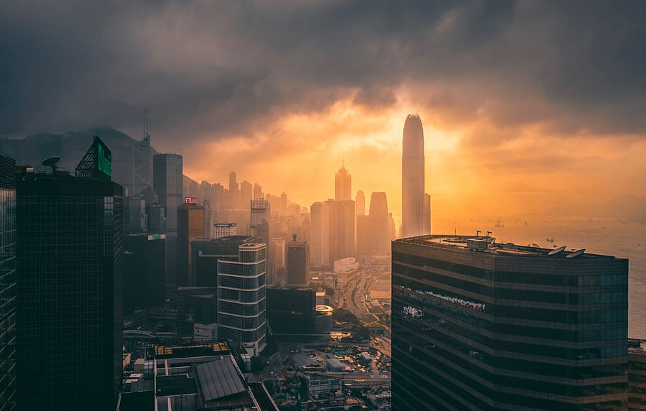 architecture, building, infrastructure, dark, clouds, sky, skyscraper HD wallpaper
