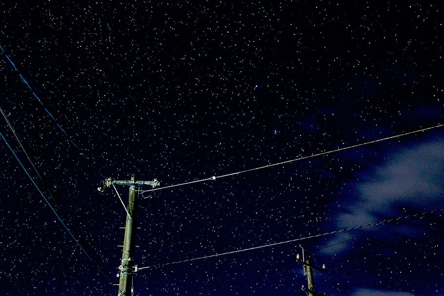 electricity, utility, post, wires, cables, night, sky, stars HD wallpaper